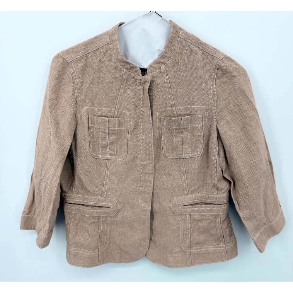 Kasper Blazer Jacket Womens 14P Tan Linen Cotton Blend 3/4 Sleeve Utility Safari